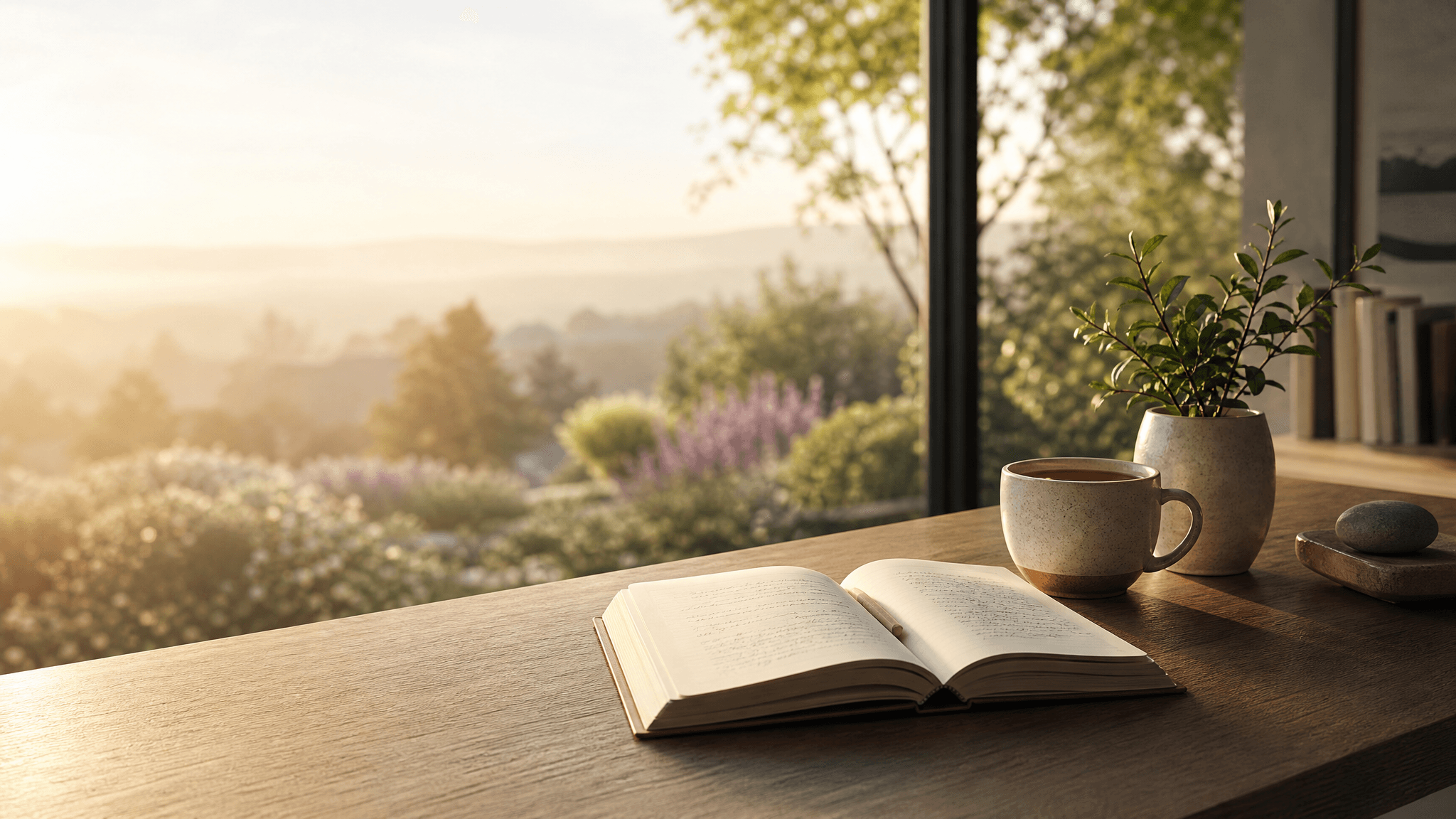A quiet sunrise desk with an open gratitude journal, tea, and a garden view
